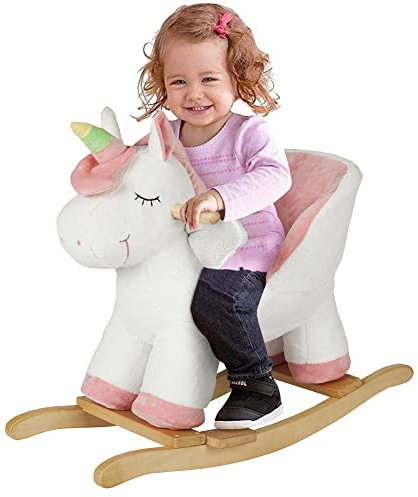 BAKAJI - Unicornio balancín de peluche cabalgable, juguete para niños con efectos de sonido, estructura de madera y asas, juegos para la primera infancia, tamaño 68 x 33 x 55 cm, color blanco