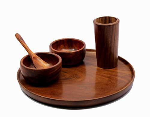 KLEO Juego de vajilla de madera para platos decorativos para cena, 2 tazones y cuchara, madera, 30,5 cm de diámetro, color marrón
