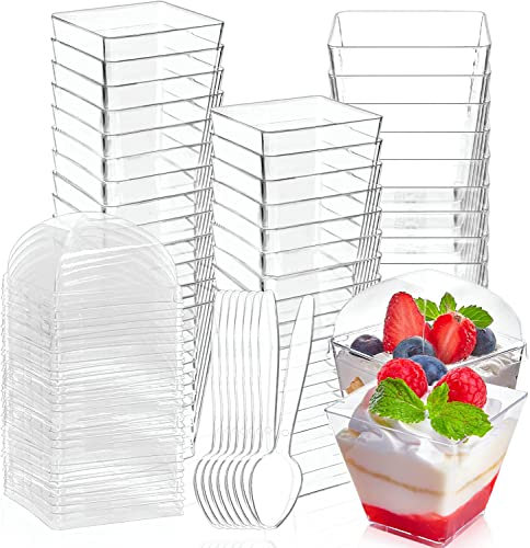 LWAIX Tazas de Postre 50PCS Vasos de Postre Vasitos Aperitivos Plastico con Tapa y Cucharas para Postres Pudín Mousse Helado (4OZ/110-120ml)