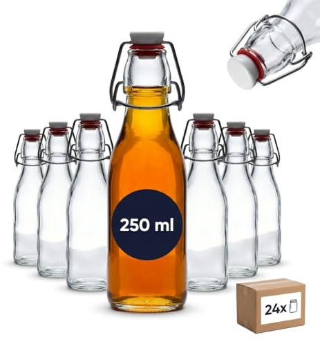 gouveo 24er Set Glasflaschen 250 ml (0,25 l) eckig mit Bügelverschluss – Quadratische Bügelflaschen zum Befüllen für Saft, Likör, Sirup, Öl & Essig (BFE250)