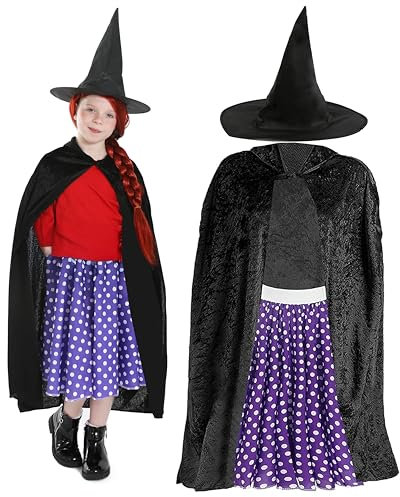 Kids Kind Witch Costume - Purple & White Polka Dot Skirt, Black Cape, Black Witch's Hat - Childs Book Week World Book Day Fancy Dress Costume