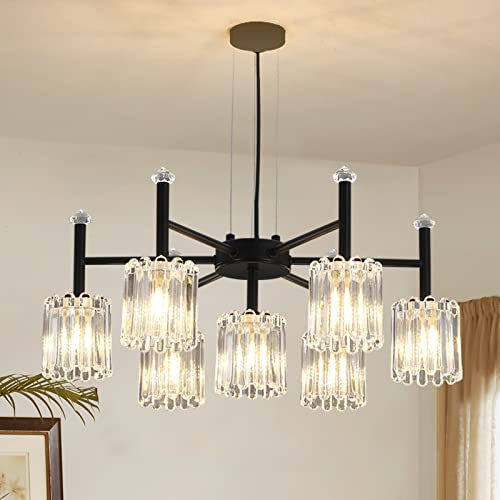 Ganeed Moderne Kristall-Kronleuchter Deckenleuchte Matt Metall Schmiedeeisen Vintage Lampe Höhenverstellbare hängende rustikale Innenleuchte mit Kristallschirm Schwarz 7 Lichter