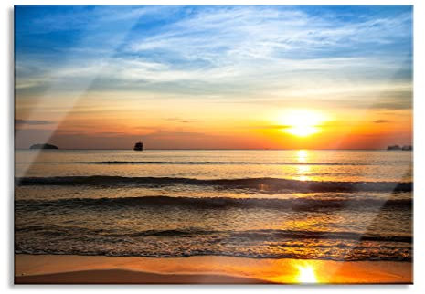Pixxprint Glasbild, Wandbild aus Echtglas, Strand Sonnenuntergang wunderschön, 60x40 cm, inkl. Aufhängung und Abstandshalter