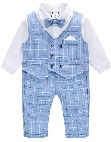 famuka Bébé Garçon Costume Enfants Smoking Mariage Baptême Vêtements Ensemble Chemise + Gilet + Pantalon + Noeud Papillon (Bleu, 12M)