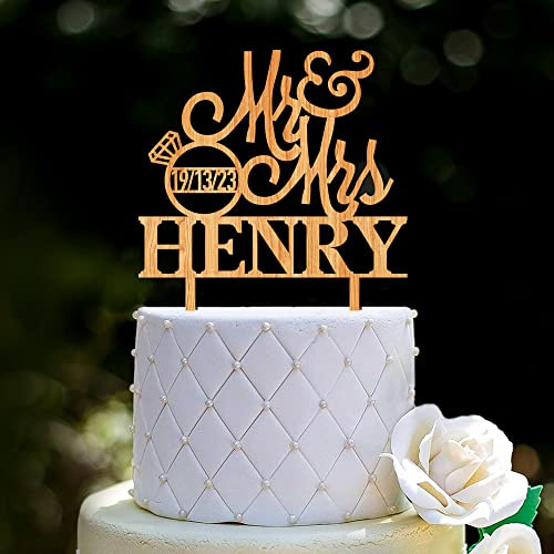Personalised Wedding Cake Toppers Wooden Wedding Anniversary Cake Topper MR & MRS Cake Decorations for Weddings Party Cake Toppers with Any Name