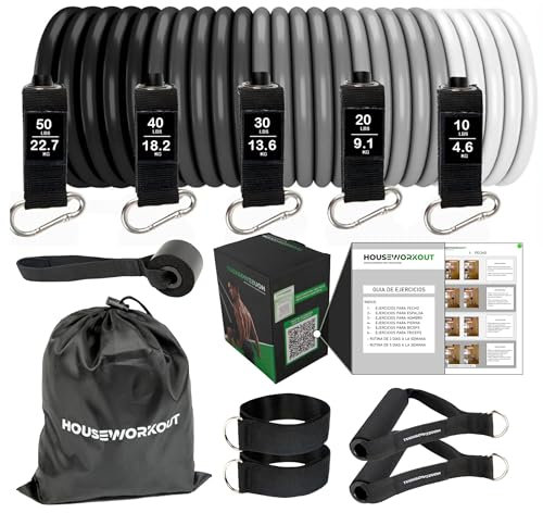 HOUSEWORKOUT - Gomas Elásticas Musculación | Incluye 5 Bandas de hasta 68kg, 2 Agarres, 2 Tobilleras y una Bolsa de Transporte | Bandas Elásticas Musculación | Cintas Elásticas Musculación
