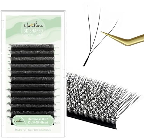 Natuhana W Extensiones de Pestañas 3D Pelo a Pelo 0.07mm D Rizado 9-15mm Prefabricado Natural Volumen Ruso Clover Negro Profesional Eyelash(0.07, D, 9-15mm)