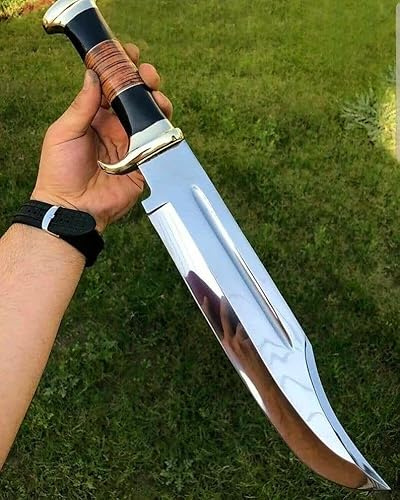 RIGGER KNIFE 14 Crocodile Dundee Bowie Knife with D2 Steel -Mirror Polished Hunting Knife for Camping, Outdoor, Bushcraft- Knives for Men Horn and Leather Handle