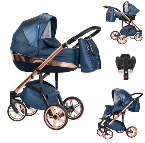 Elcar Kinderwagen-Set 5 in 1 Vip Lux inkl. Sportsitz, Autositz und Iso Base - 13 Teile - Blue Velvet