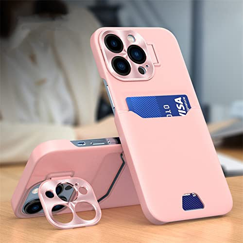 Custodia per telefono con supporto invisibile per porta carte di credito in pelle per iPhone 15 14 13 12 Pro Max 14 15 Plus 12 13 Mini Cover protettiva per lenti in metallo, Rosa, Per iPhone 13 Mini
