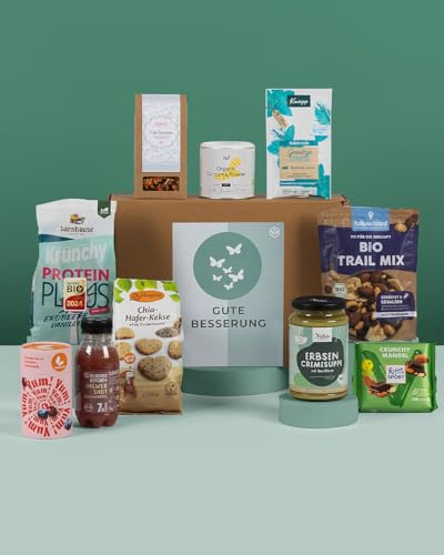 GUTE BESSERUNG BOX | Gute Besserung Geschenk Paket mit Snacks & vielen Aufmerksamkeiten zur Genesung | Care Paket, Geschenkkorb Vegan
