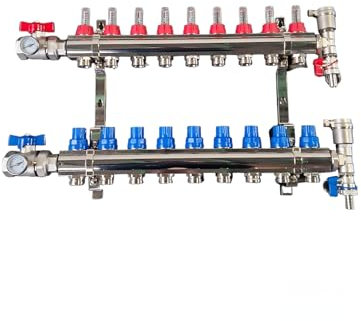 Premium Heizkreisverteiler 9 Heizkreise Kugelhahn Schnellentlüfter Messing Vernickelt Schallgedämmt Fußbodenheizung Thermometer