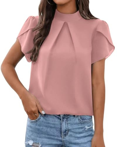 Arevill Camicia da donna a maniche corte, estiva, colletto alto, in chiffon, casual, plissettata, elegante, con volant, camicia da donna, tinta unita, Colore: rosa., S