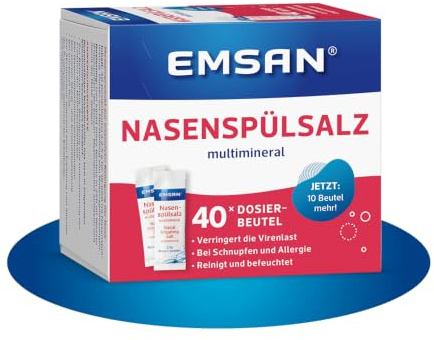 Emsan® Sal de enjuague para ducha nasal, limpieza suave y profunda de la nariz, compatible con homeopatía, 40 bolsas de 2,5 g, a partir de 6 años