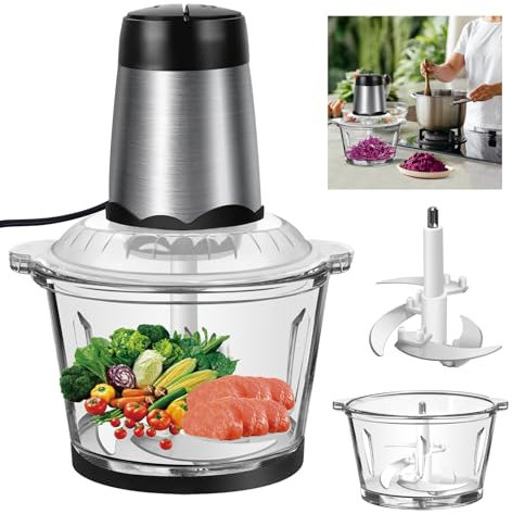 2L Mini Food Processor, Meat Grinder Blender Mixer 2 Speeds, 4 Sharp Blades, Garlic Grinder Glass Mini Bowl with Electric Power, Multi Function Vegetable Chopper