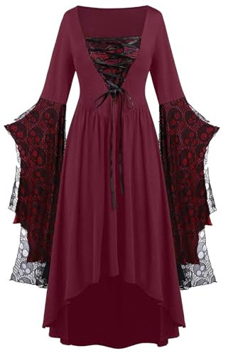 Beokeuioe Hexenkleid Gothic Halloween Kleid Kostüm Damen, Übergröße Schnüren Maxi Kleider mit Schmetterlingsärmeln für Festliches Vintage Mittelalter Cosplay Club Party Kostüme