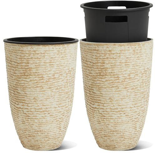 WORTH Paquete de 2 macetas altas de 21 pulgadas de alto, color beige, con macetas interiores, macetas redondas grandes de plástico de 14 pulgadas de diámetro, acabado decorativo de piedra de imitación