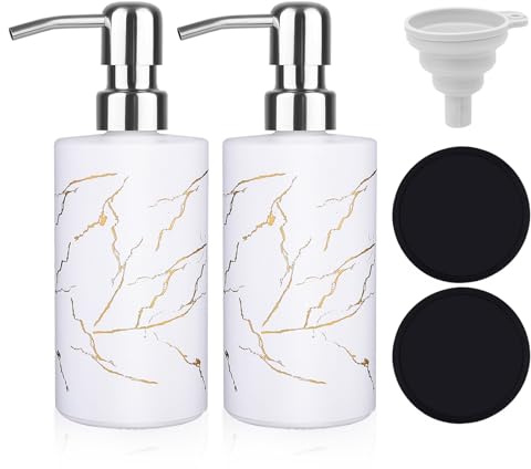 MOQAE Moderner Seifenspender aus Glas, 350ml Duschgel-Spender mit Edelstahl-Pumpe, geeignet für Shampoo-Flaschen zum Befüllen, inklusive Untersetzer und Trichter, Seifenspender-Set für Küche und Bad