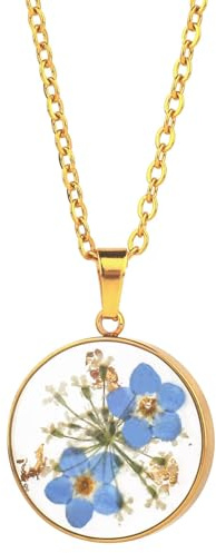 Zeayebsr 1pcs Collana da donna alla moda con pendente con fiore secco sotto vetro，non ti scordar di me ，ciondolo con fiori secchi，Con squisita confezione regalo