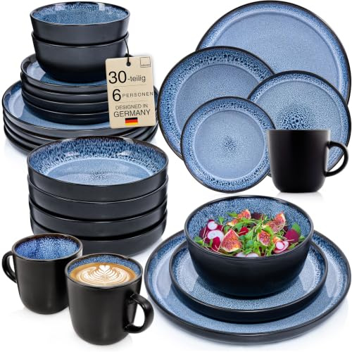 SÄNGER Aruba Steingut Geschirrset 6 Personen, Teller Set 30-tlg Blau | Handmade Geschirr Set, Kombiservice: Teller, Kaffeebecher, Müslischalen & Pastateller, spülmaschinen- & mikrowellengeeignet