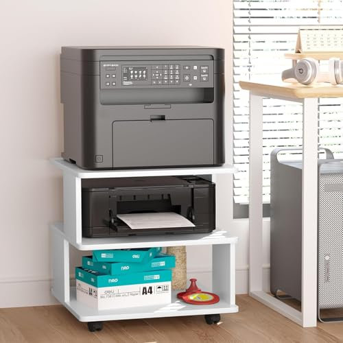 3-Ebene Druckertisch mit Rollen, Mobiler Druckerständer, Druckerwagen aus Holz, Druckerregal für Büro Zuhause Schule, Druckerhalter für Fax Kopierer Scanner, 50 x 50 x 49 cm, Weiß