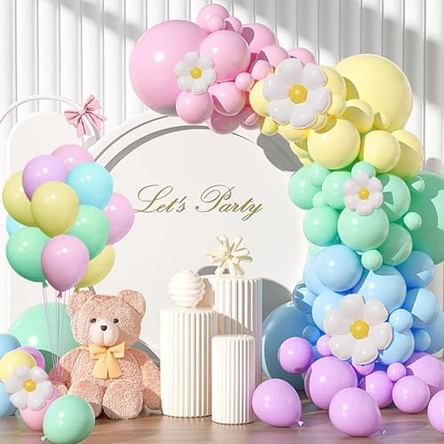 Pastel Balloon Arch Kit, 116Pcs Pastel Rainbow Balloons Arch Garland Kit with Daisy and Macaron Multicolored Balloons for Birthday Baby Shower Wedding Anniversary Bachelor Party Decorations