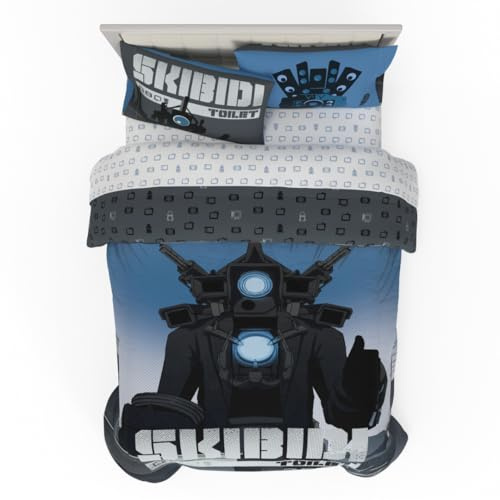 Franco Skibidi Toilet Gamer Bedding - Juego de edredón Reversible y sábanas de 5 Piezas súper Suave, tamaño matrimonial, (Producto con Licencia Oficial)