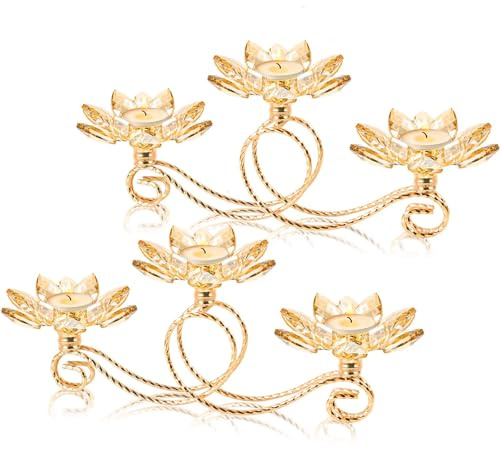 2Pcs Gold Kehail Crystal Metal Tea Light Candle Holder Set, 3-Arm Flower Shaped Crystal Votive Candlestick Holders for Table Centerpiece, Wedding Shower, Party and Home Decor