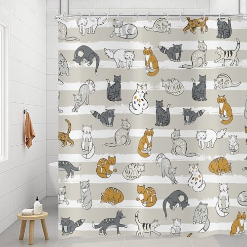 Hnmdmyi Duschvorhang Lustig Katze 180x200, Kinder Cartoon Tier Kätzchen Schöne Haustiere Badewanne Vorhang Wasserdicht Polyester Stoff Waschbar Badevorhang für Badezimmer mit Haken