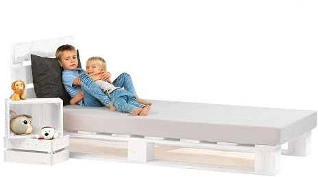 Lermowood Palettenbett M1 aus Holz 120 x 200 cm Weiß mit Kopfteil Holzbett 20cm Stabiles Seniorenbett Kinderbett Jugendbett Gästebett erhöhtes Einzelbett Bettgestell Futon Komforthöhe Naturholz