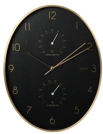 Well Home Orologio da parete moderno con termometro e igrometro con bordo dorato 34,5 x 27,1 cm