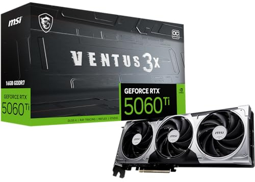 MSI Gaming RTX 5060 Ti 16G Ventus 3X OC Graphics Card (16GB GDDR7, 128-bit, Extreme Performance: 2617 MHz, DisplayPort x 3 2.1a, HDMI 2.1b, NVIDIA Blackwell Architecture)