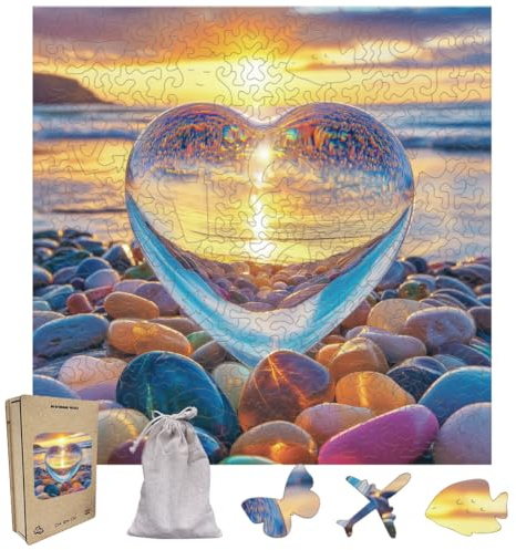 WEBEEDY Puzzle en Bois pour Adultes Puzzles en Bois de Plage avec Cœurs dans une Boîte Exquise 200 Puzzles de Bricolage Coucher de Soleil Sur la Mer Décoration Moderne pour la Maison Cadeau 28x28cm