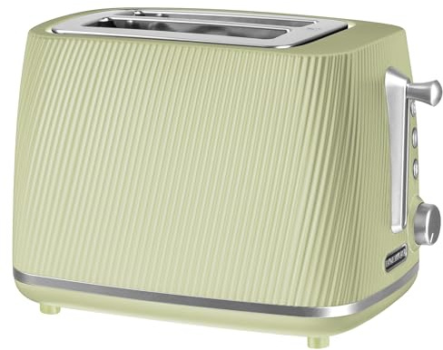 Daewoo Cascade 2 Slice Toaster – Sage Ribbed Design, Adjustable Browning, Defrost & Reheat Functions, Removable Crumb Tray, Cancel Button, Compact Countertop Toaster