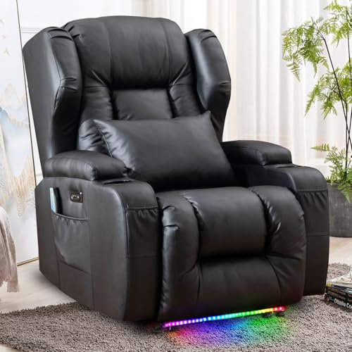 SAMERY Elektrisch Relaxsessel Fernsehsessel mit Liegefunktion Massage Heizung, Kunstleder TV Sessel Wohnzimmer Kinosessel Liegesessel mit Fußteil, USB, LED - 7815 Sessel (1, Schwarz)