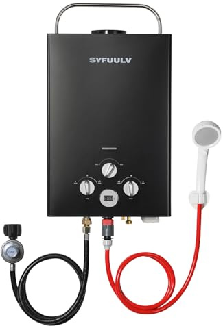 Syfuulv Propane Water Heater Tankless, 1.58GPM 6L Outdoor Portable Propane Gas Instant Hot water heater On Demand, 41,000 BTU, Overheating Protection, Camping, RV, Cabin, Barn, Black