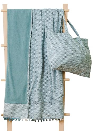 TRAMAS+ Set Toalla Pareo y Bolso a Juego, Toalla de Playa, Bolso con Estampado, Ideal para Verano, Playa, Piscina y Vacaciones - Walia Agua Marina
