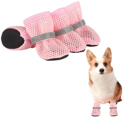 Sommer Mesh Hunde Schuhe, 4 Stück Atmungsaktive Pfotenschutz Hundeschuhe Anti-Rutsch Hundeschuhe für heiße Sommerböden, Sommer Verstellbarem Hundestiefel fürkleine Hunde (Rosa, XL)