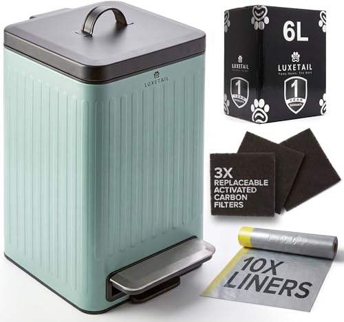 LUXETAIL Small Dog Poop Trash Can Outside – 6L/1.6 Gallon Dog Small Trash Can with Lid, Odor-Locking Carbon Filter System, Hands-Free Stainless Steel Pedal, Easy-Clean Removable Bucket, Sage Green