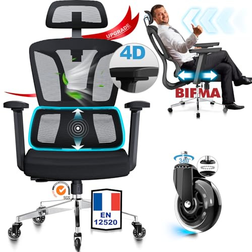 MELOKEA Bürostuhl Ergonomisch, 4D-Armlehnen, Verstellbare Sitztiefe, Gummirollen, 4-Stufen Neigung, Hohe Rückenlehne, Idealer Schreibtischstuhl für Große Menschen, Ergonomischer Bürostuhl 200KG