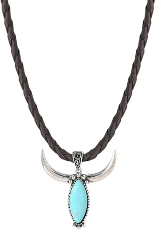 HINAYOSAN Collar con colgante de turquesa hecho a mano con cordón de cuero, joyería tribal única para uso diario, colgante de cabeza de toro de larga duración, talla única, como se describe, como se