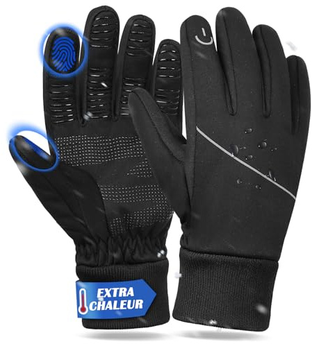 BIKINGMOREOK Gants Hiver Vélo Imperméables et Chauds pour écran Tactile,avec Gel Antidérapant,pour la Course,La Conduite,Gants de Cyclisme,Les Sports de Plein Air,Hommes et Femmes Noir-L