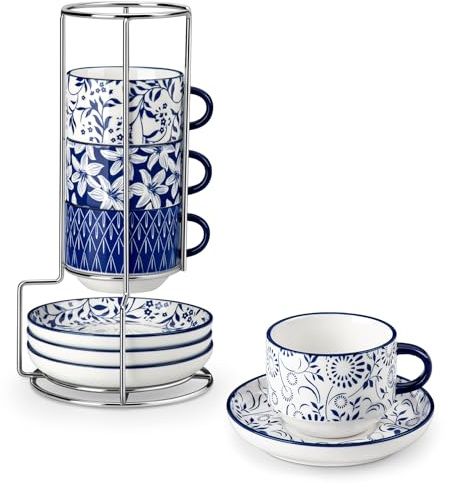 vancasso Selene Cup and Saucer Set of 4, 8oz/240ml Coffee Cups Set, Porcelain Espresso Cups with Metal Stand, Microwave & Dishwasher Safe, Cup Suitable for Latte, Filter Coffee, Standard Cappuccino