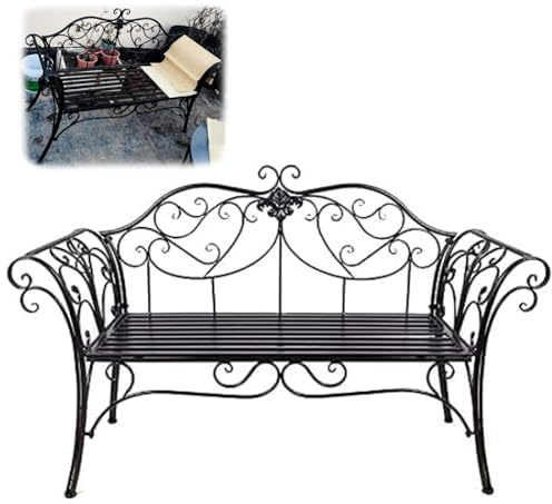 LUNAIZHUO Metallbank, Gartenbänke für Draußen, Retro Deko Stuhl mit Rückenlehne und Armlehne, Wetterfest für Veranda, Rasen, Balkon, Hinterhof(Black)