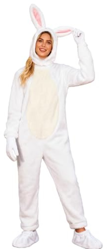 Generisch Unisex Hasen-Kostüm-Set für Erwachsene und Kinder - Weißer Plüsch-Overall mit separater Kopfbedeckung | Osterhasen-Verkleidung für Partys