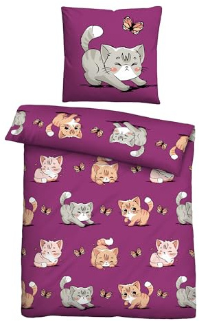 Bestlivings Bettwäsche-Set 2-TLG (Bettbezug 135x200 cm + Kissenbezug 80x80 cm) Kinder Microfaser Satin- Kinder- / Jugendbettwäsche mit Motiv - Katze - ÖKO Tex Standard 100