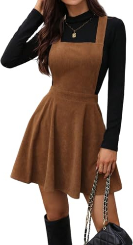 Manchesterklänning för kvinnor, fyrkantig hals, A-linje, swing, jumper, miniklänningar, ärmlös, sparkbyxor, hängslen, klänning kjol, Brun, XL Liten