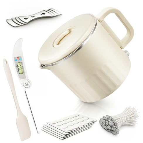 YETEE Elektrischer Wachsschmelzer 1L für Kerzen selber machen, DIY Kit mit Edelstahl-Innenbehälter, 2 Heizstufen, Thermometer und Dochten für Soja-, Bienenwachs oder Duftkerzen