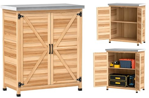 Outsunny Gartenschrank mit Pflanztisch Holz Geräteschuppen mit verzinkter Arbeitsplatte 2 Regalböden Doppeltür, Geräteschrank Werkzeugschrank Gartenschuppen für Garten Balkon 79 x 43 x 92cm Naturholz