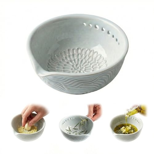 Handmade Ceramic Garlic Grater Plate & Herb Stripper Bowl – 3-in-1 Tool for Grinding Ginger, Zest & Dipping Oils – Artisan Stoneware Gift